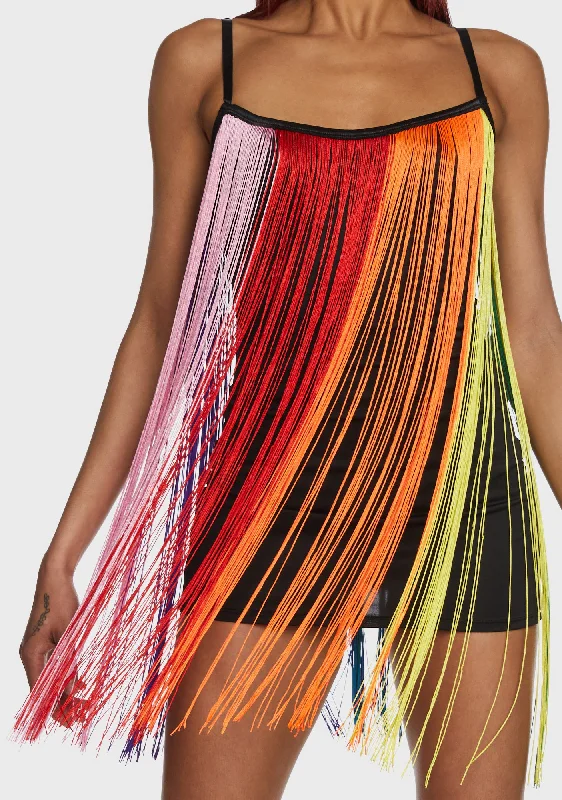 Technicolor Trip Fringe Mini Dress