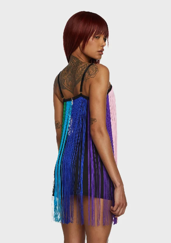 Technicolor Trip Fringe Mini Dress