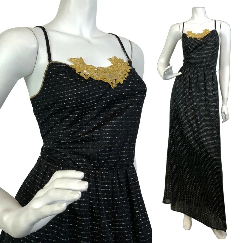 VINTAGE 60s 70s BLACK GOLD STRIPED FLORAL LACE PARTY STRAPPY MAXI DRESS 8 10