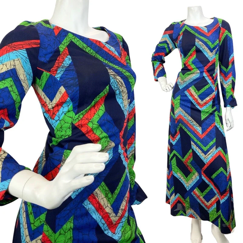 VINTAGE 60s 70s BLUE RED GREEN GEOMETRIC MARBLED OP-ART MOD MAXI DRESS 10