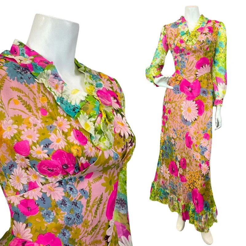 VINTAGE 60s 70s GREEN PINK BLUE GARDEN FLORAL DAISY SUMMER SHEER MAXI DRESS 6