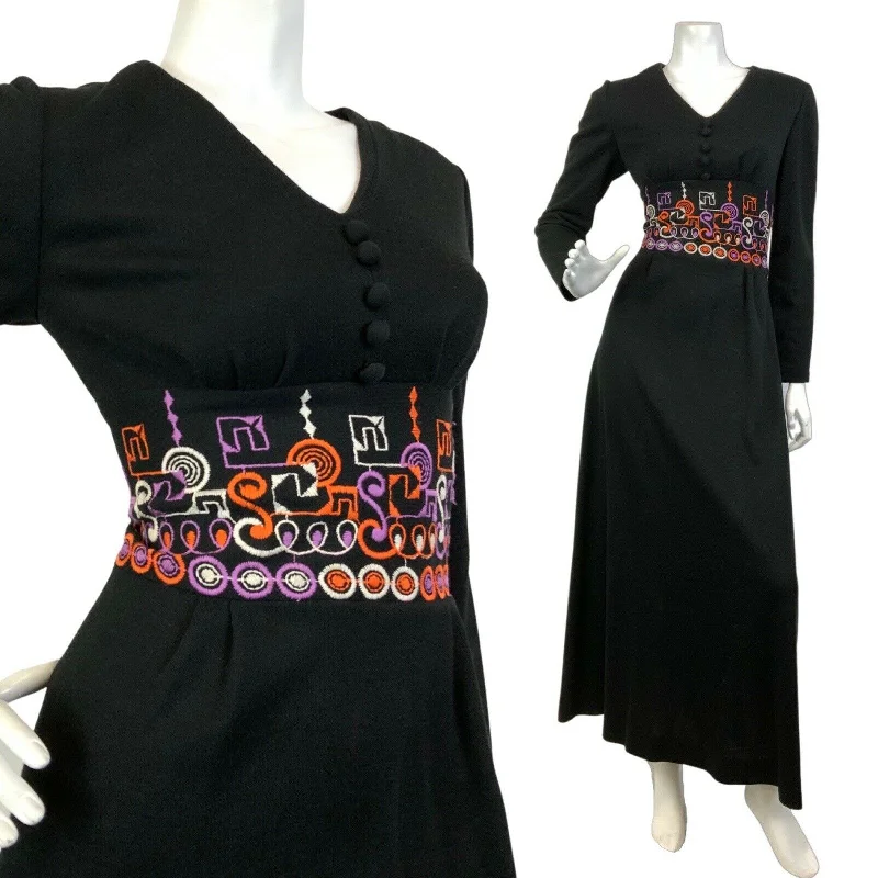 VTG 60s 70s BLACK ORANGE PURPLE GEOMETRIC EMBROIDERED BOHO MOD MAXI DRESS 10