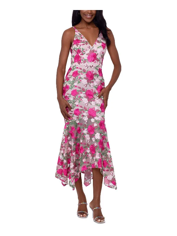 Womens Embroidered Floral Midi Dress