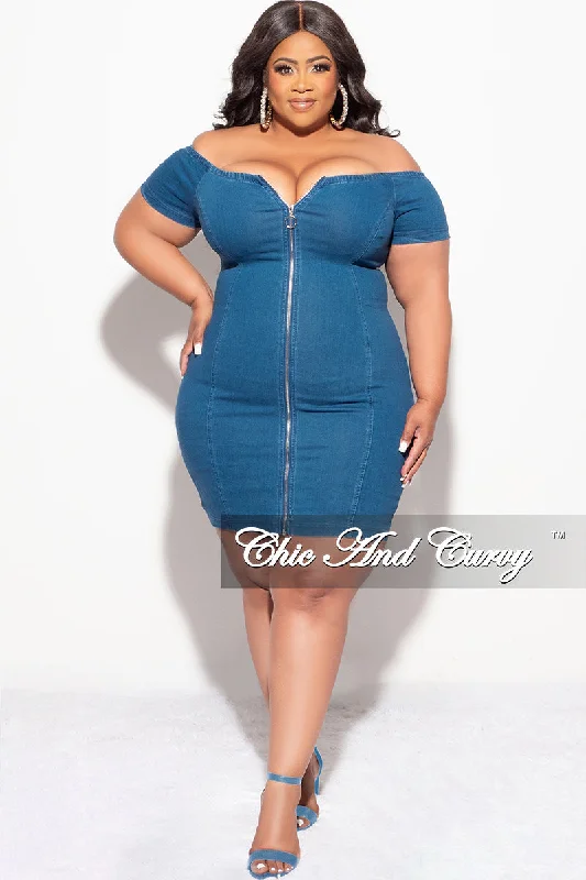 Final Sale Plus Size Off The Shoulder Denim Dress with Front Zipper