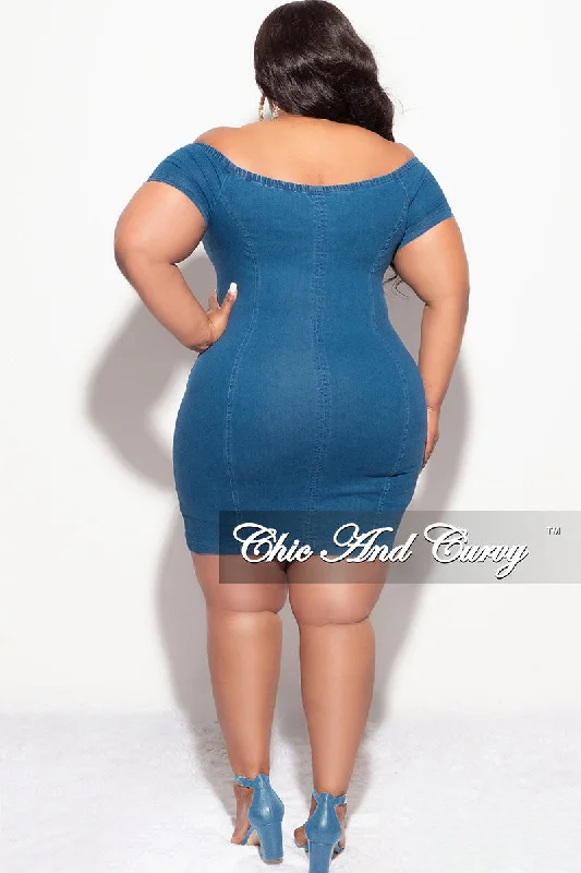 Final Sale Plus Size Off The Shoulder Denim Dress with Front Zipper