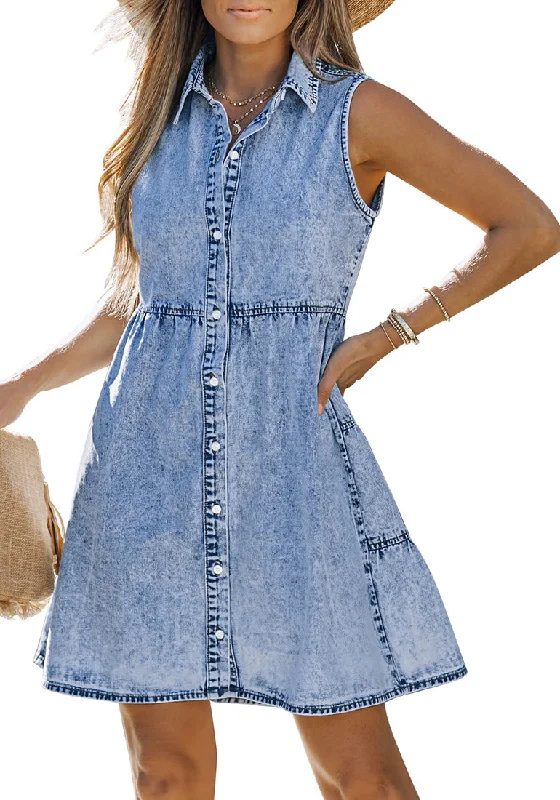 Bay Blue Denim Dress for Women Sleeveless Babydoll Button Down Short Jean Dresses Cute Summer