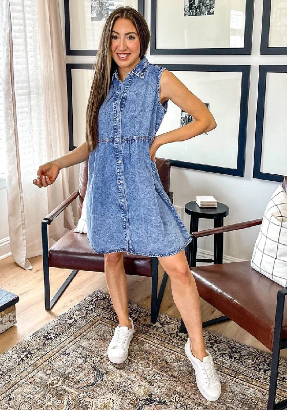 Bay Blue Denim Dress for Women Sleeveless Babydoll Button Down Short Jean Dresses Cute Summer