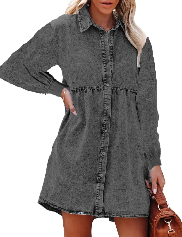 Long Sleeve Denim Dress for Women Jean Dress Button Down Casual Babydoll Denim Shirt Dress