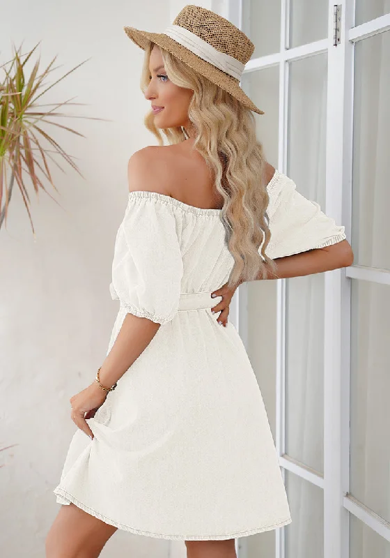 Brilliant White Women's Off the Shoulder Puff Sleeve A-Line Denim Dress with Belt