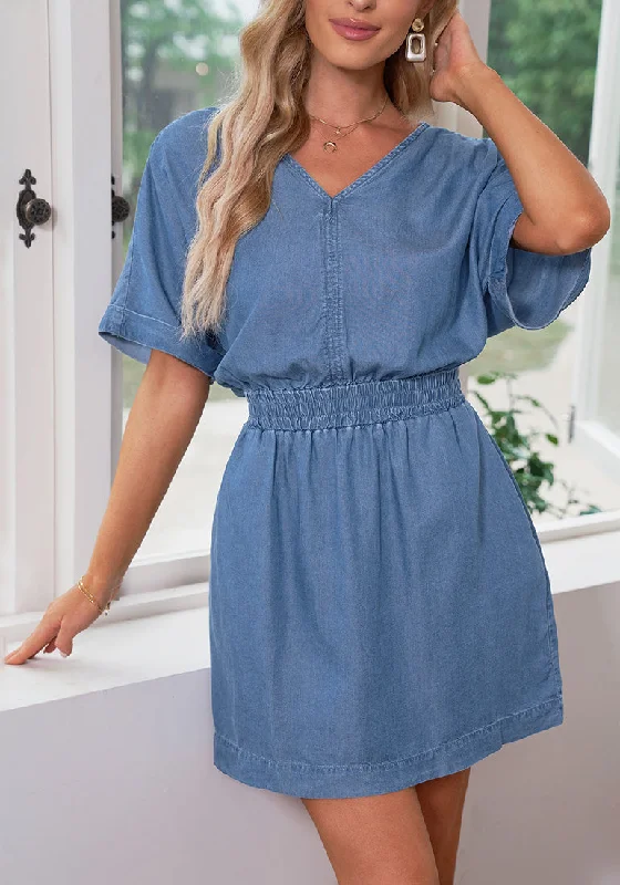 Classic Blue Denim Dress for Women Chambray Batwing Sleeves Smocked Waist A-line Short Jean Dresses with Pockets