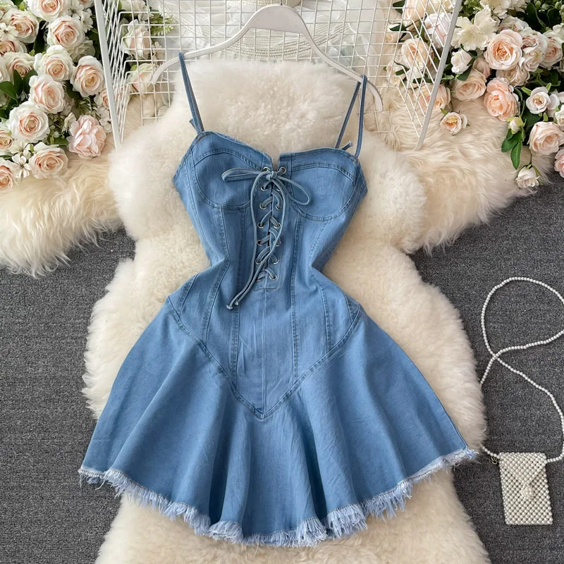 Cute lace-up denim dress A line fashion dress      S505