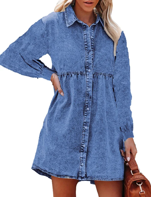 Long Sleeve Denim Dress for Women Jean Dress Button Down Casual Babydoll Denim Shirt Dress