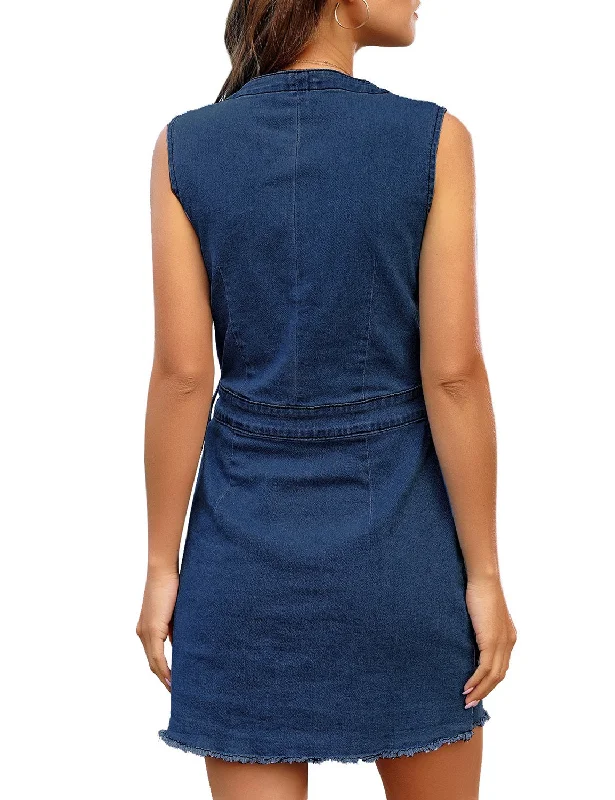 Women Sleeveless V Neck Button Down Frayed Hem Short Denim Dress