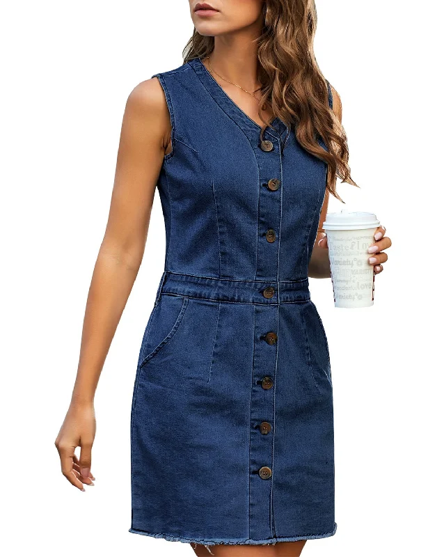 Women Sleeveless V Neck Button Down Frayed Hem Short Denim Dress