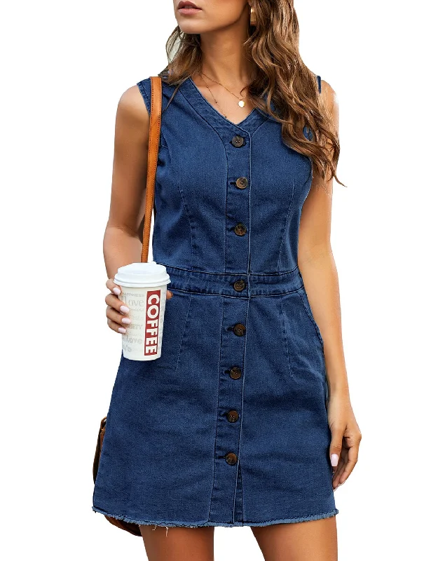 Women Sleeveless V Neck Button Down Frayed Hem Short Denim Dress