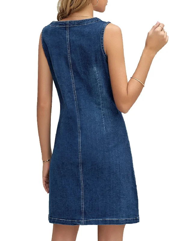 Women Sleeveless V Neck Button Down Frayed Hem Short Denim Dress