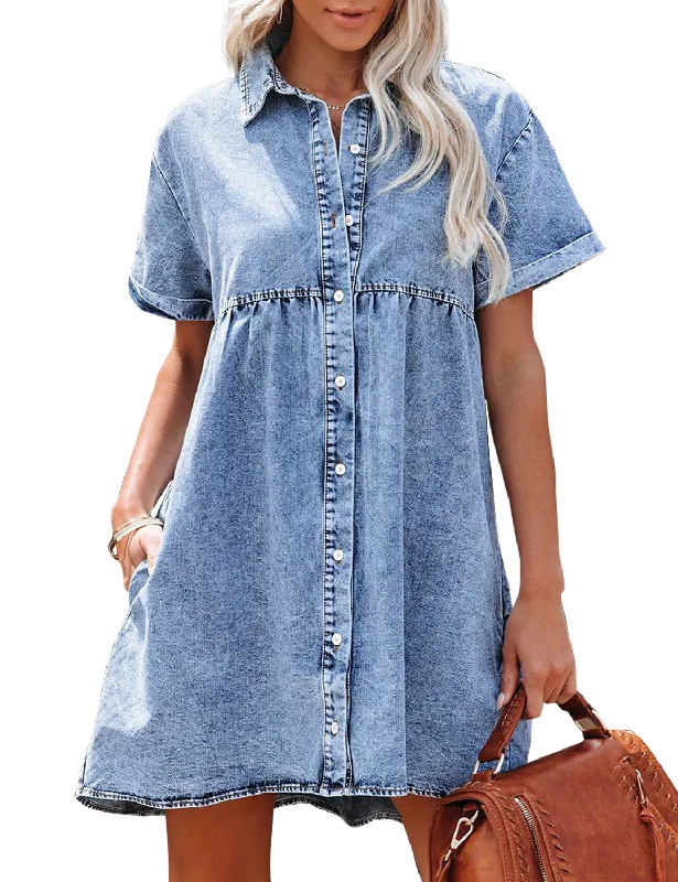 Women's Short Sleeve Button Down Flowy Tiered Babydoll Denim Dress