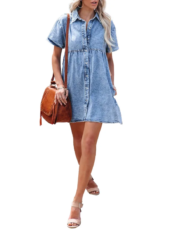 Women's Short Sleeve Button Down Flowy Tiered Babydoll Denim Dress