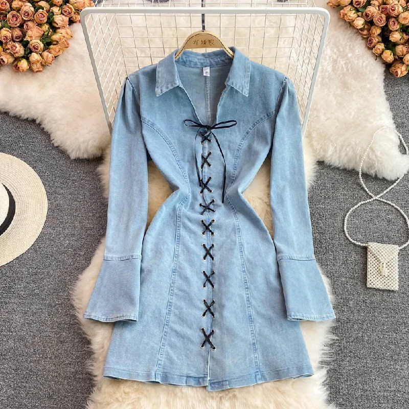 Fashionable lace-up A line denim dress fashion dress    S519