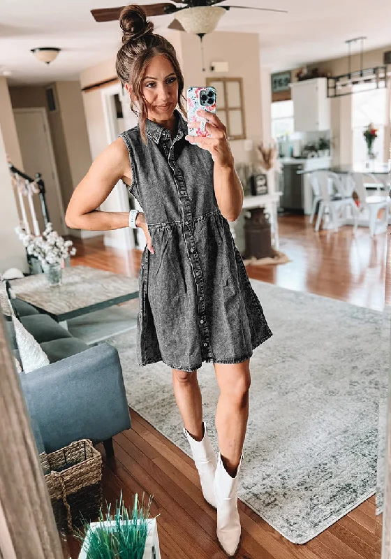 Foxy Gray Denim Dress for Women Sleeveless Babydoll Button Down Short Jean Dresses Cute Summer