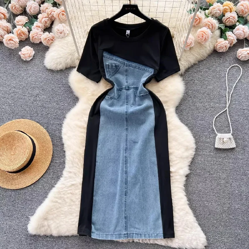 French retro short-sleeved denim dress women's chic casual long skirt   S4531