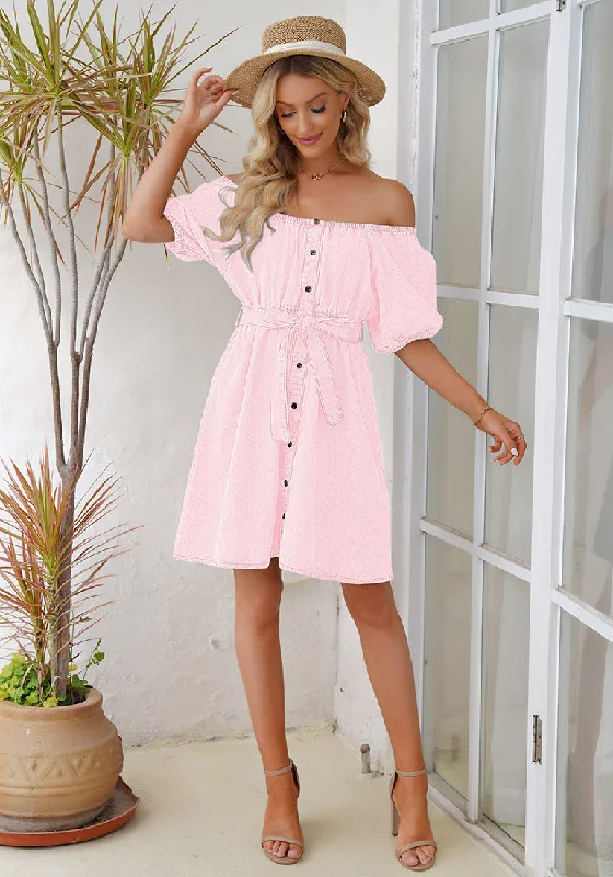 Heavenly Pink Women's Off the Shoulder Puff Sleeve A-Line Denim Dress with Belt