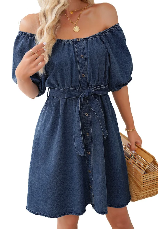 Lapis Longing Women's Off the Shoulder Puff Sleeve A-Line Denim Dress with Belt