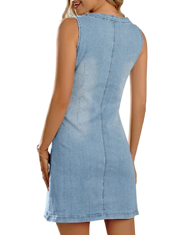 Women Sleeveless V Neck Button Down Frayed Hem Short Denim Dress