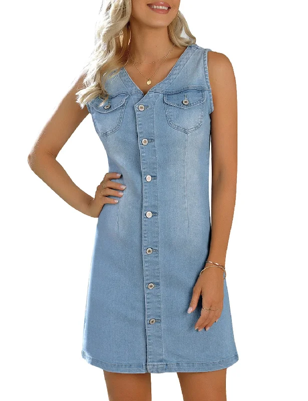 Women Sleeveless V Neck Button Down Frayed Hem Short Denim Dress