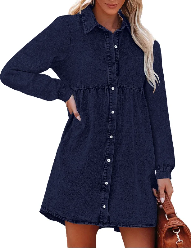 Long Sleeve Denim Dress for Women Jean Dress Button Down Casual Babydoll Denim Shirt Dress