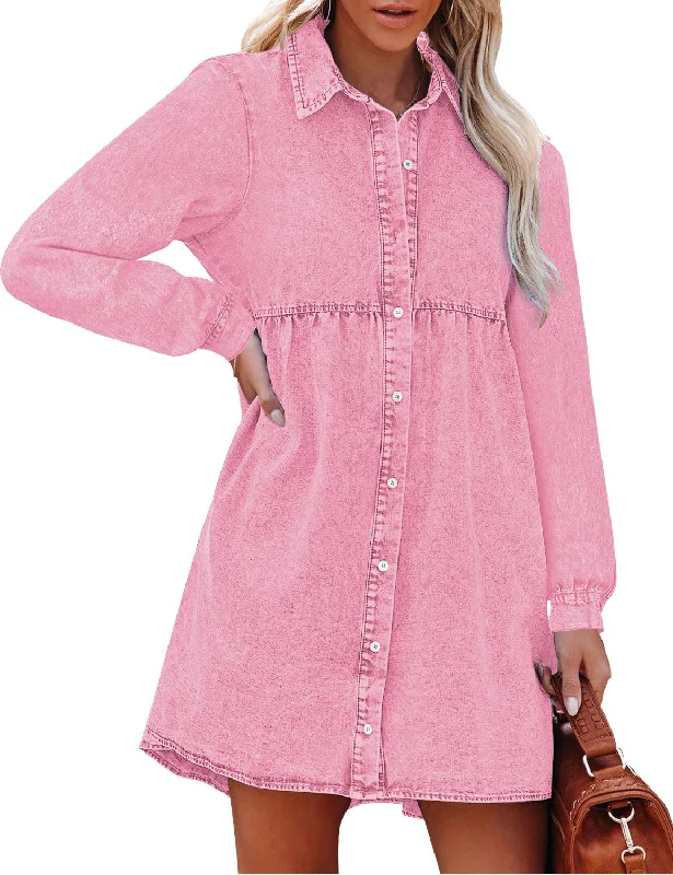 Long Sleeve Denim Dress for Women Jean Dress Button Down Casual Babydoll Denim Shirt Dress