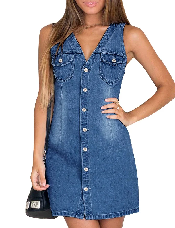 Women Sleeveless V Neck Button Down Frayed Hem Short Denim Dress