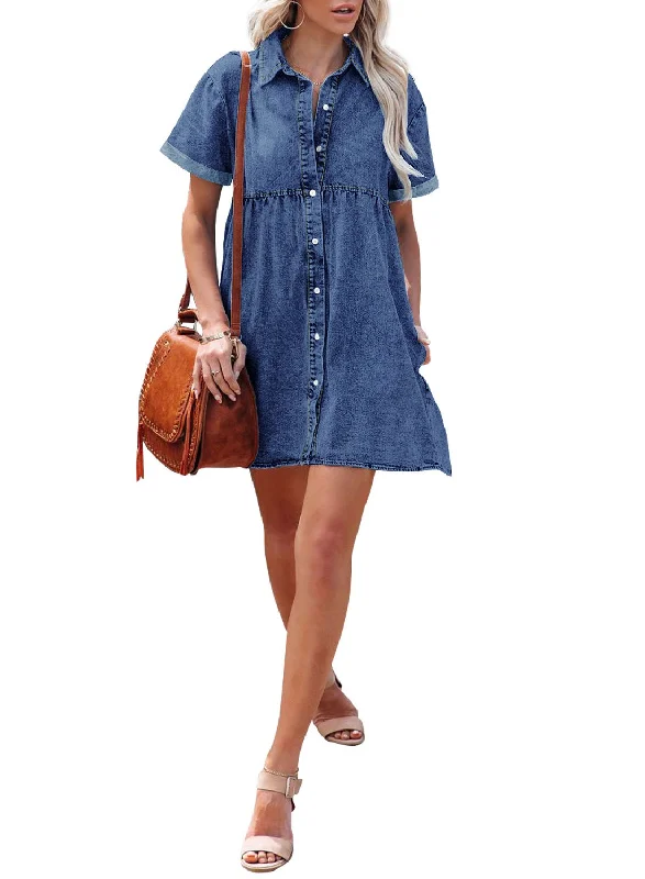 Women's Short Sleeve Button Down Flowy Tiered Babydoll Denim Dress