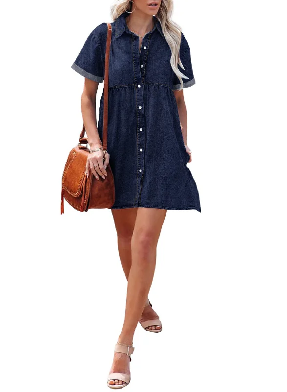 Women's Short Sleeve Button Down Flowy Tiered Babydoll Denim Dress