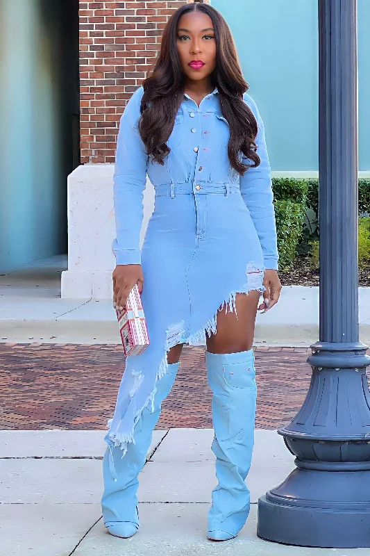 Mecca Distressed Asymmetric Hem Bodycon Denim Dress