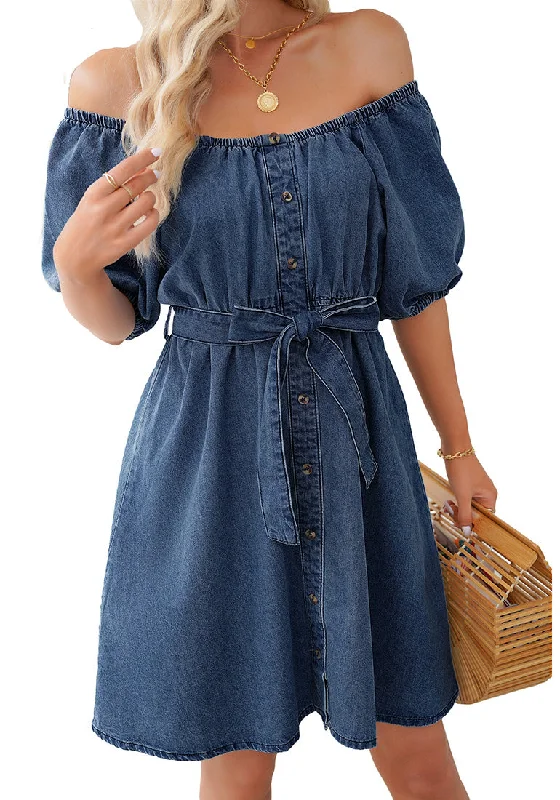 Medium Blue Women's Off the Shoulder Puff Sleeve A-Line Denim Dress with Belt