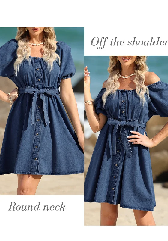 Medium Blue Women's Off the Shoulder Puff Sleeve A-Line Denim Dress with Belt