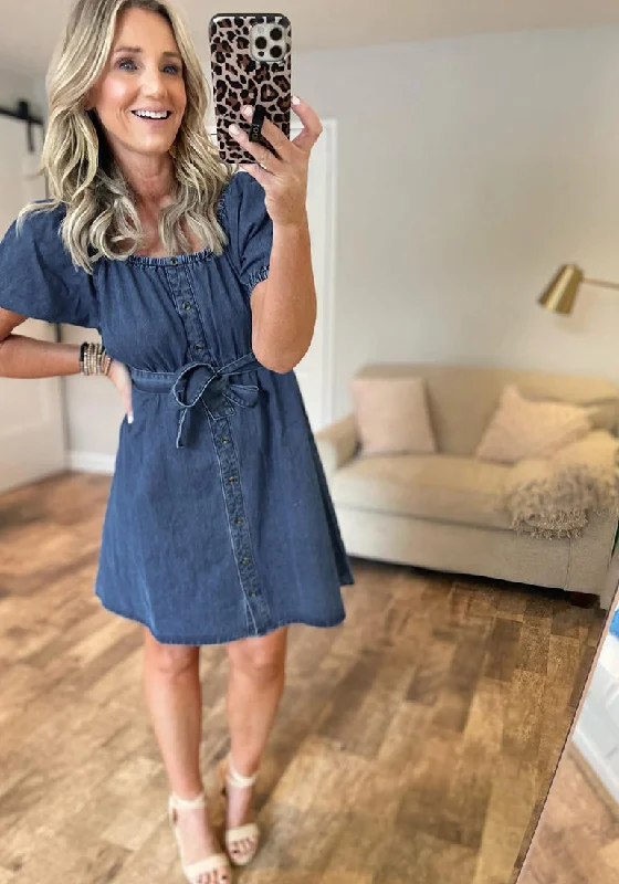 Medium Blue Women's Off the Shoulder Puff Sleeve A-Line Denim Dress with Belt