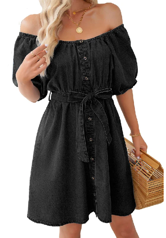 Soft Black Women's Off the Shoulder Puff Sleeve A-Line Denim Dress with Belt