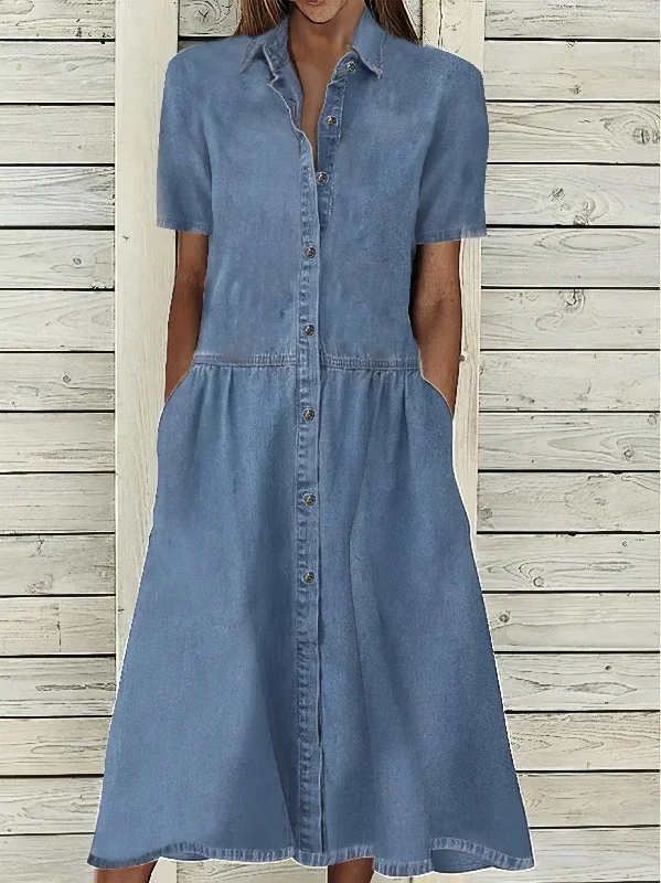 Casual Lapel Button Pocket Denim Dress - V-Neck - Drop Shoulder