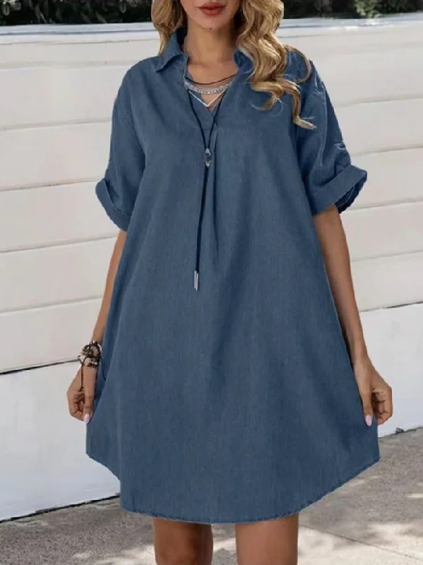 Casual Lapel Short Sleeve Denim Dress