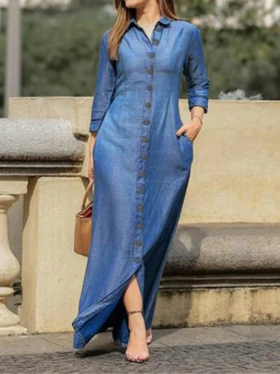 Women's Dresses Shirt Collar Button Long Sleeve Denim Dress