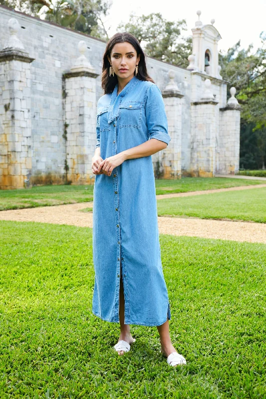 TIE FRONT DENIM DRESS - DENIM