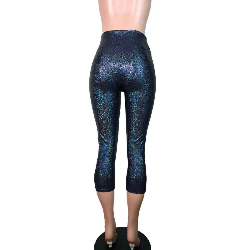 Black Holographic Cropped Capri Leggings Pants