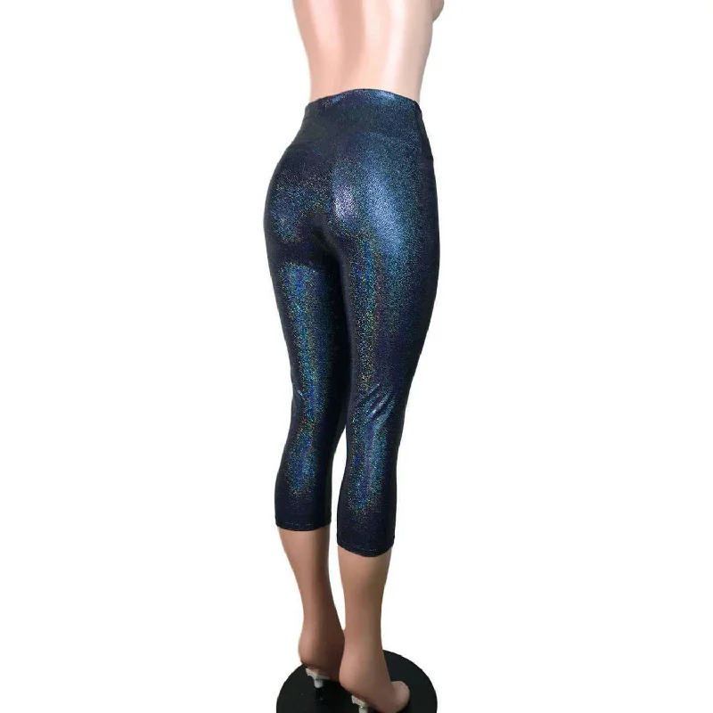 Black Holographic Cropped Capri Leggings Pants