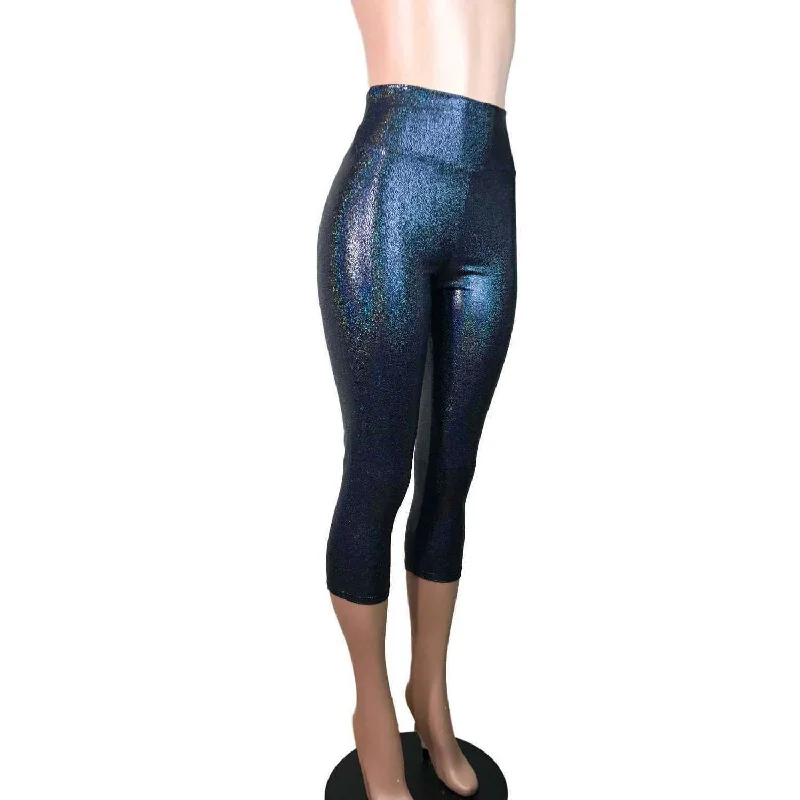 Black Holographic Cropped Capri Leggings Pants