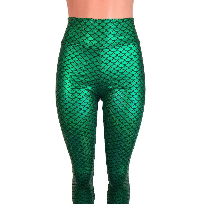 Green Mermaid Scale Holographic High Waisted Leggings Pants