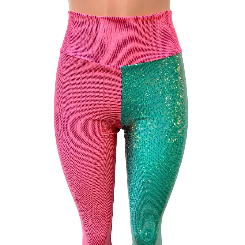 Holographic Colorblock Leggings - Pink and Jade Shattered Glass