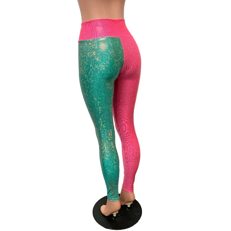 Holographic Colorblock Leggings - Pink and Jade Shattered Glass