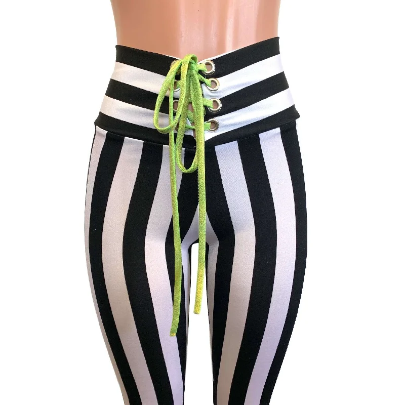 Lace-Up High Waist Leggings - Black & White Striped